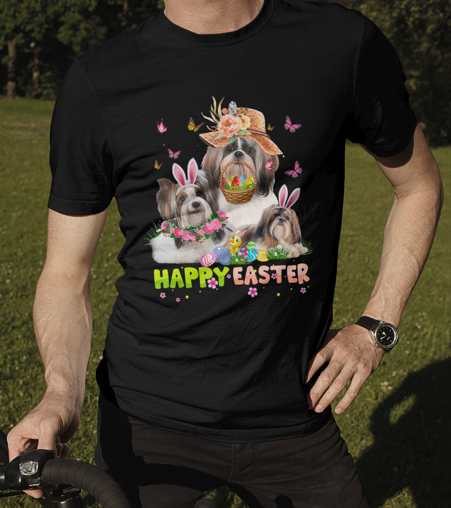 Shih Tzu Dogs With Bunny Ears And Easter Eggs Celebrating Happy Easter T-Shirt