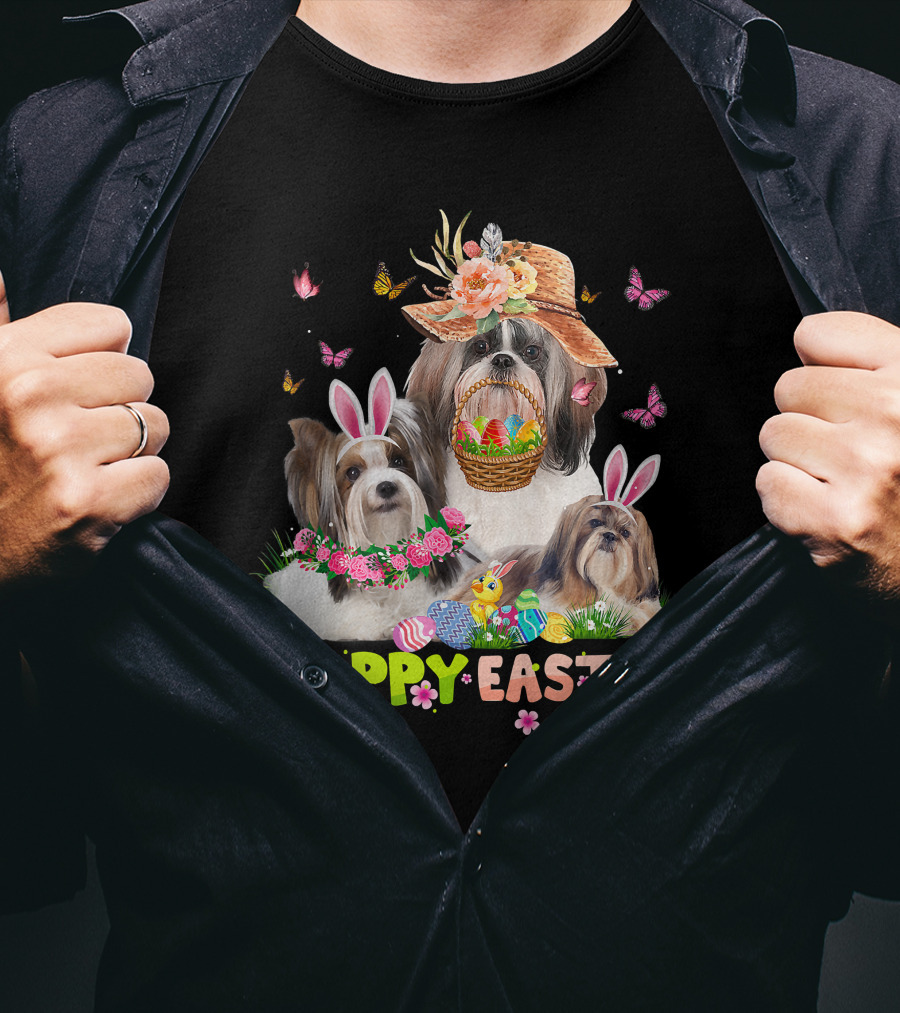 Shih Tzu Dogs With Bunny Ears And Easter Eggs Celebrating Happy Easter T-Shirt