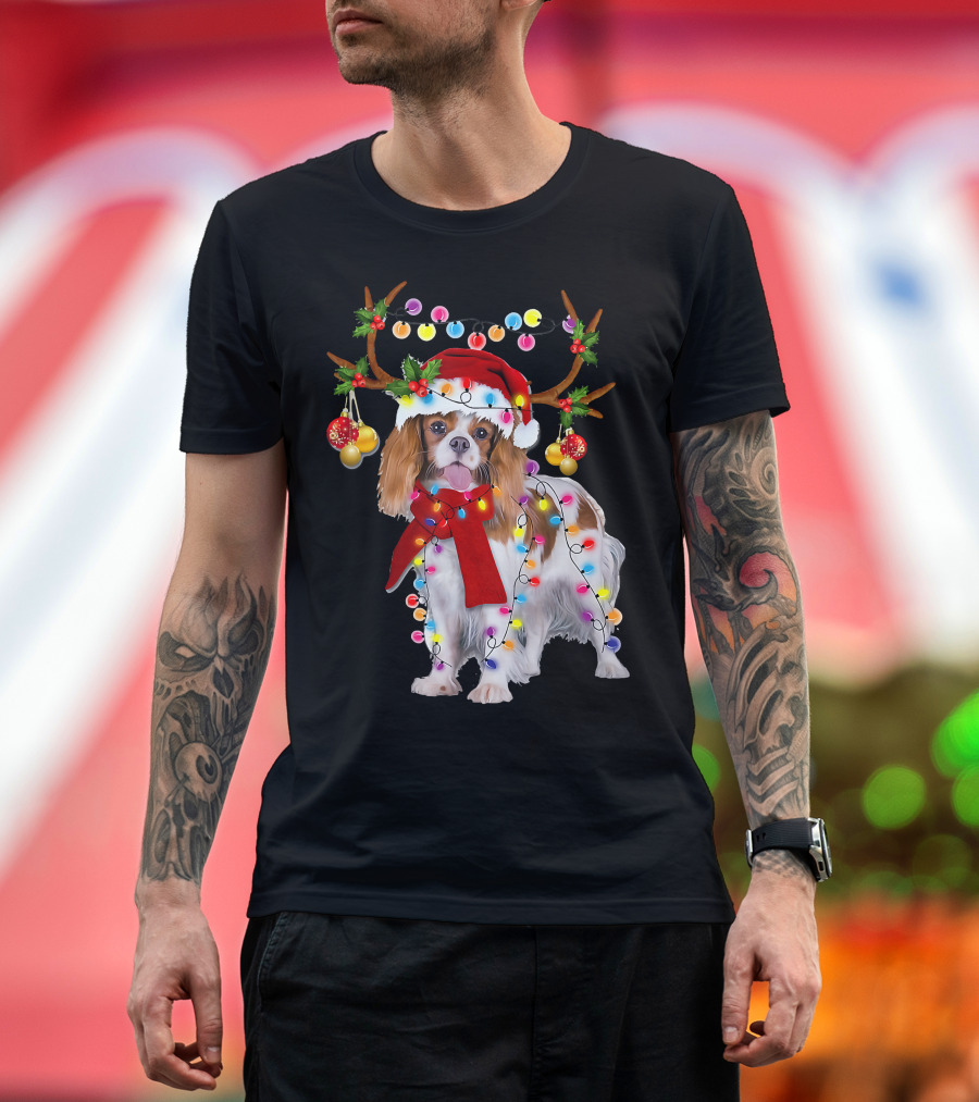 Cavalier King Charles Spaniel with Santa Hat and Reindeer Antlers Christmas Lights T-Shirt