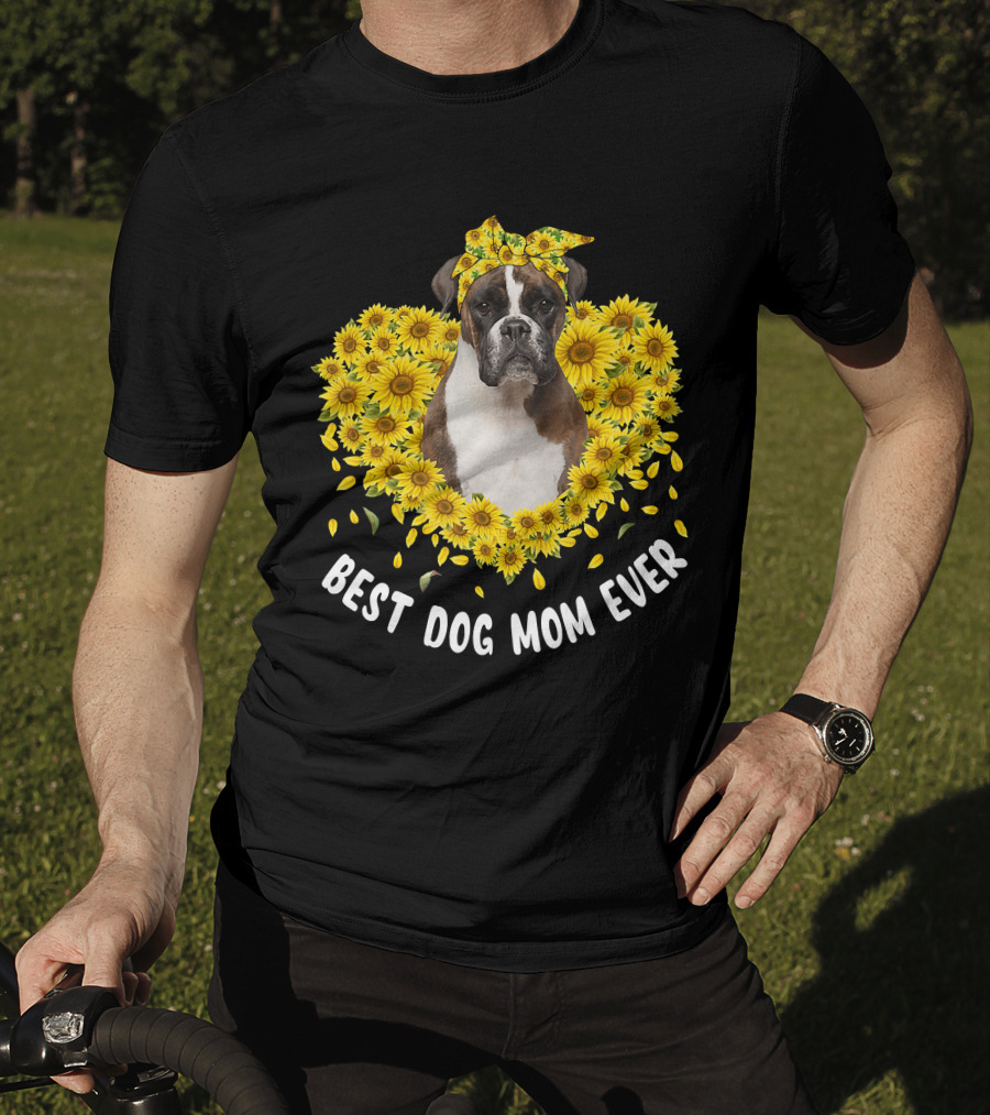 Best Dog Mom Ever Boxer Surrounded By Sunflowers T-Shirt