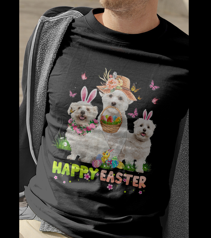 Happy Easter Maltese Dogs Bunny Ears Basket Eggs Butterflies T-Shirt