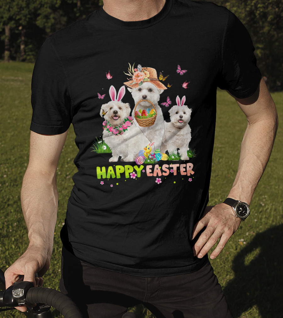Happy Easter Maltese Dogs Bunny Ears Basket Eggs Butterflies T-Shirt