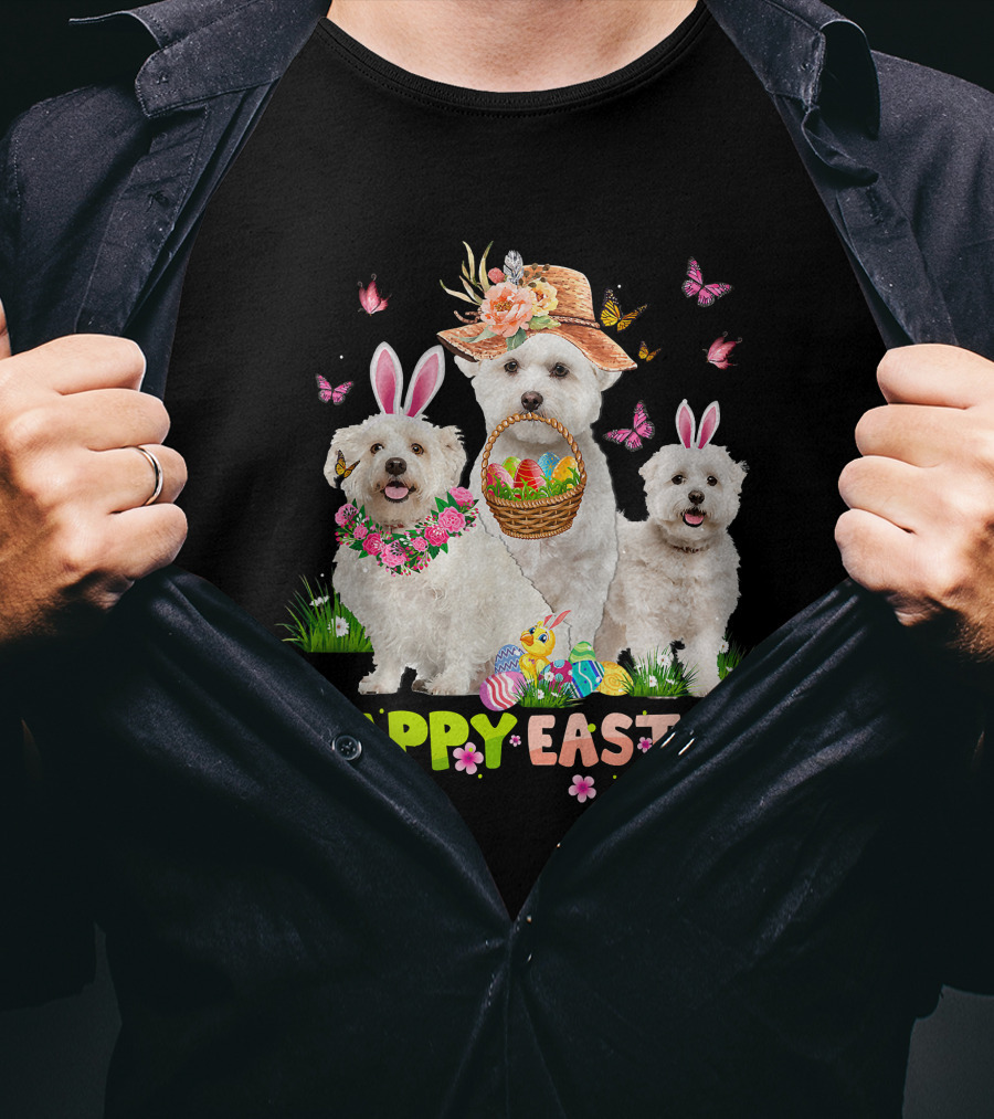 Happy Easter Maltese Dogs Bunny Ears Basket Eggs Butterflies T-Shirt