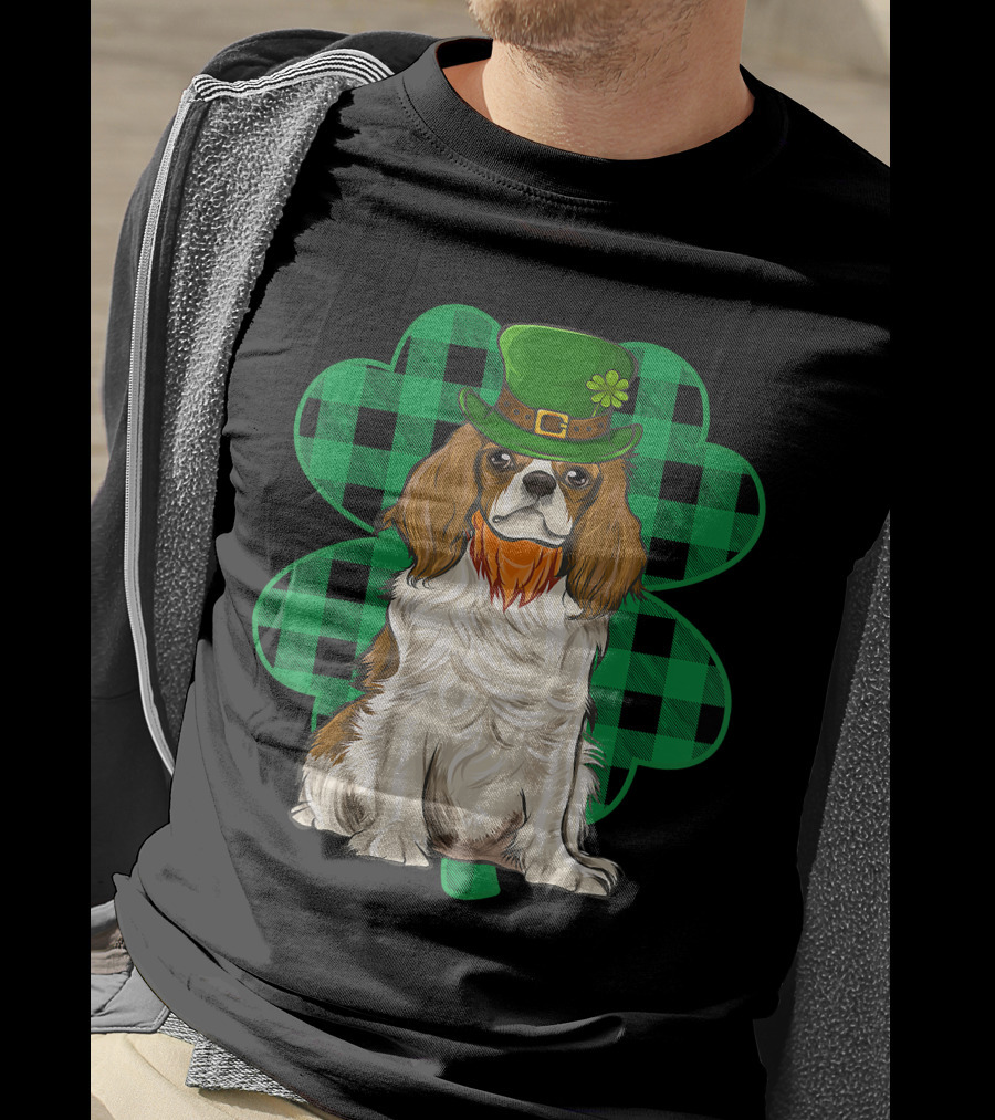 King Charles Spaniel Leprechaun With Shamrock Hat And Plaid Clover T-Shirt