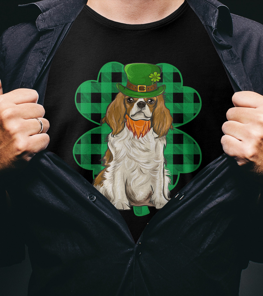 King Charles Spaniel Leprechaun With Shamrock Hat And Plaid Clover T-Shirt