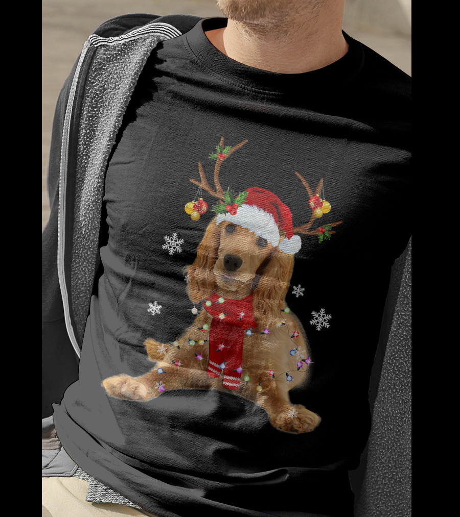 Cocker Spaniel In Santa Hat With Christmas Lights And Reindeer Antlers T-Shirt