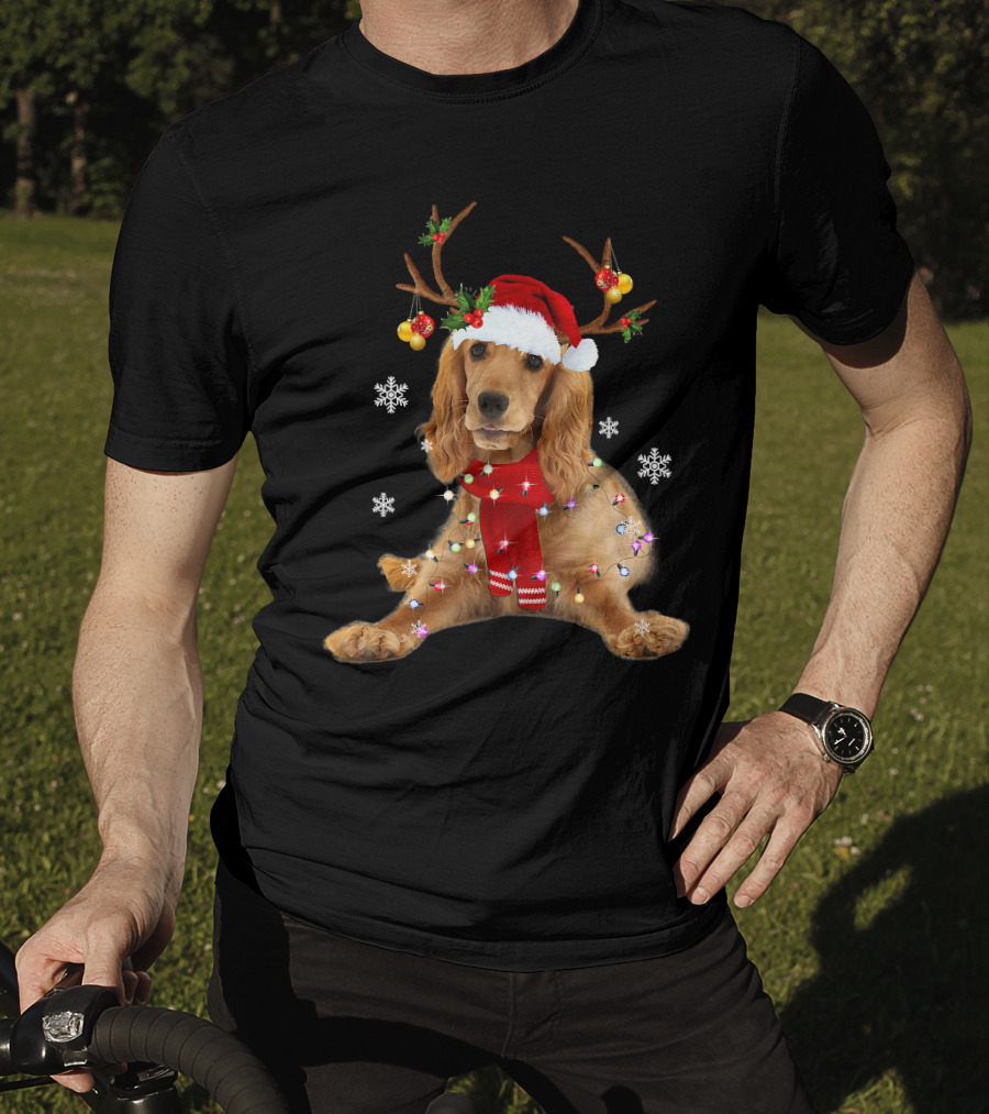 Cocker Spaniel In Santa Hat With Christmas Lights And Reindeer Antlers T-Shirt