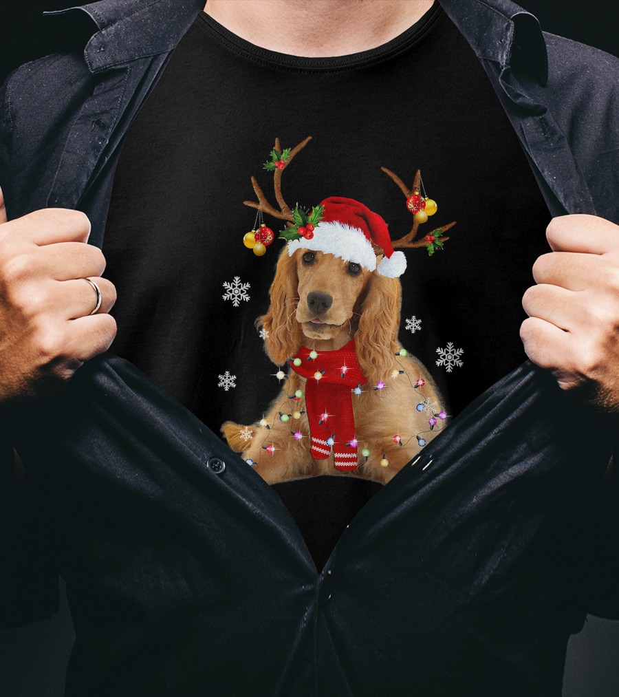 Cocker Spaniel In Santa Hat With Christmas Lights And Reindeer Antlers T-Shirt