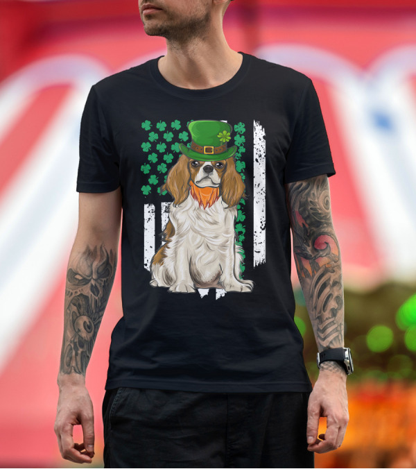 Premium T-Shirt: King Charles Spaniel St Patricks Day Irish Dog with Green Hat and Shamrocks T-Shirt King Charles Spaniel St Patricks Day Irish Dog with Green Hat and Shamrocks T-Shirt