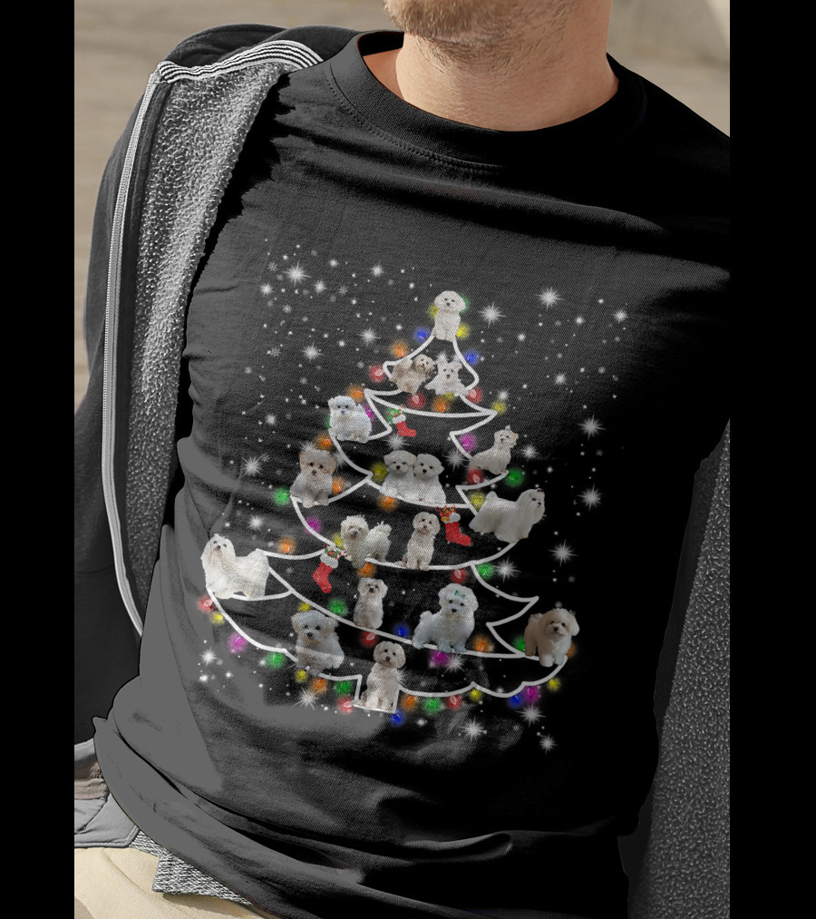 Maltese Dogs Christmas Tree Fairy Light Holiday Scene T-Shirt