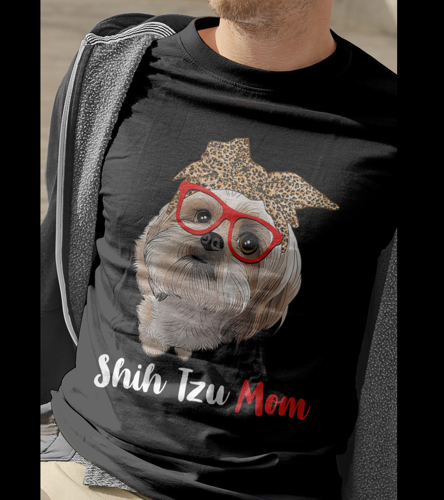 Shih Tzu Mom Leopard Print Bow Cute Dog Lover Red Glasses T-Shirt