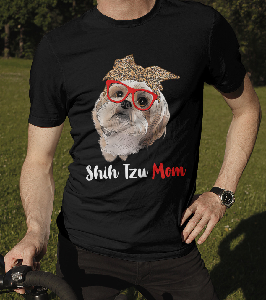 Shih Tzu Mom Leopard Print Bow Cute Dog Lover Red Glasses T-Shirt