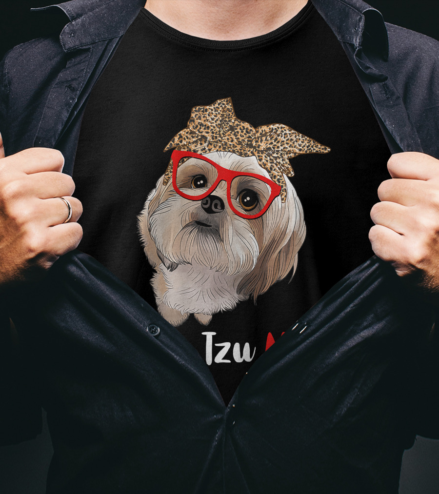 Shih Tzu Mom Leopard Print Bow Cute Dog Lover Red Glasses T-Shirt