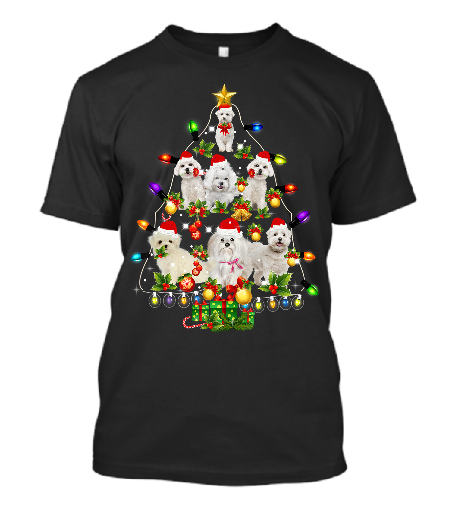 Maltese Christmas Tree Santa Funny Dogs Lights Holiday T-Shirt