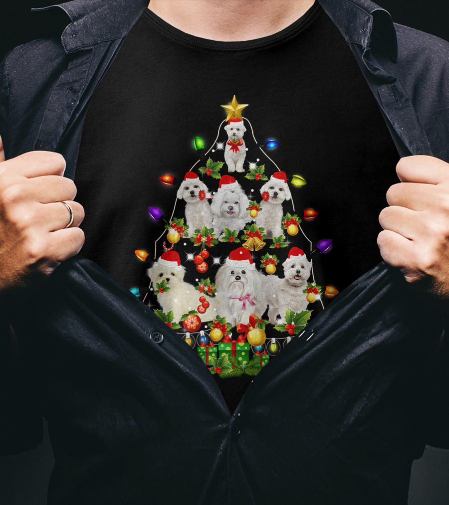Maltese Christmas Tree Santa Funny Dogs Lights Holiday T-Shirt