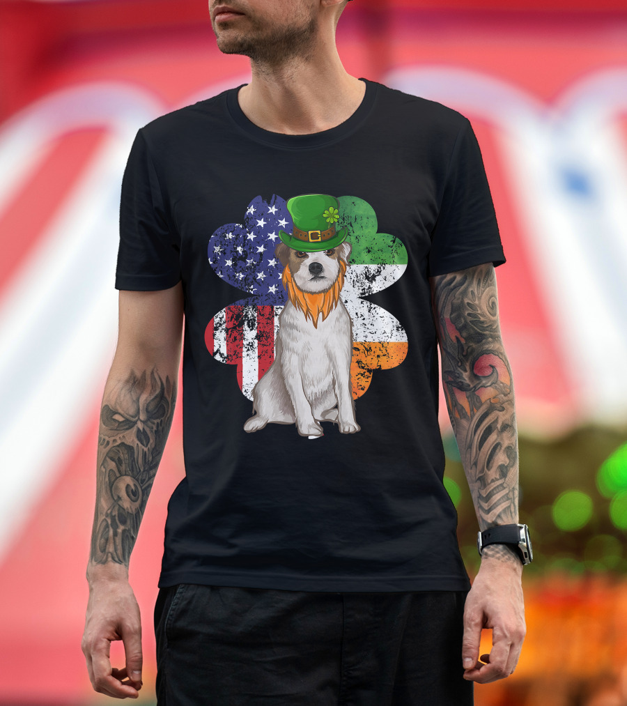 Irish American Parson Terrier Wearing Leprechaun Hat with USA and Ireland Flags Shamrock St. Patrick's Day T-Shirt