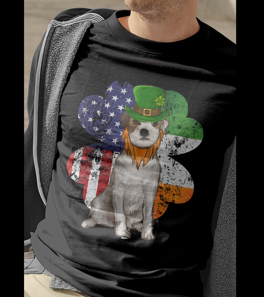 Irish American Parson Terrier Wearing Leprechaun Hat With USA And Ireland Flags Shamrock St. Patrick's Day T-Shirt