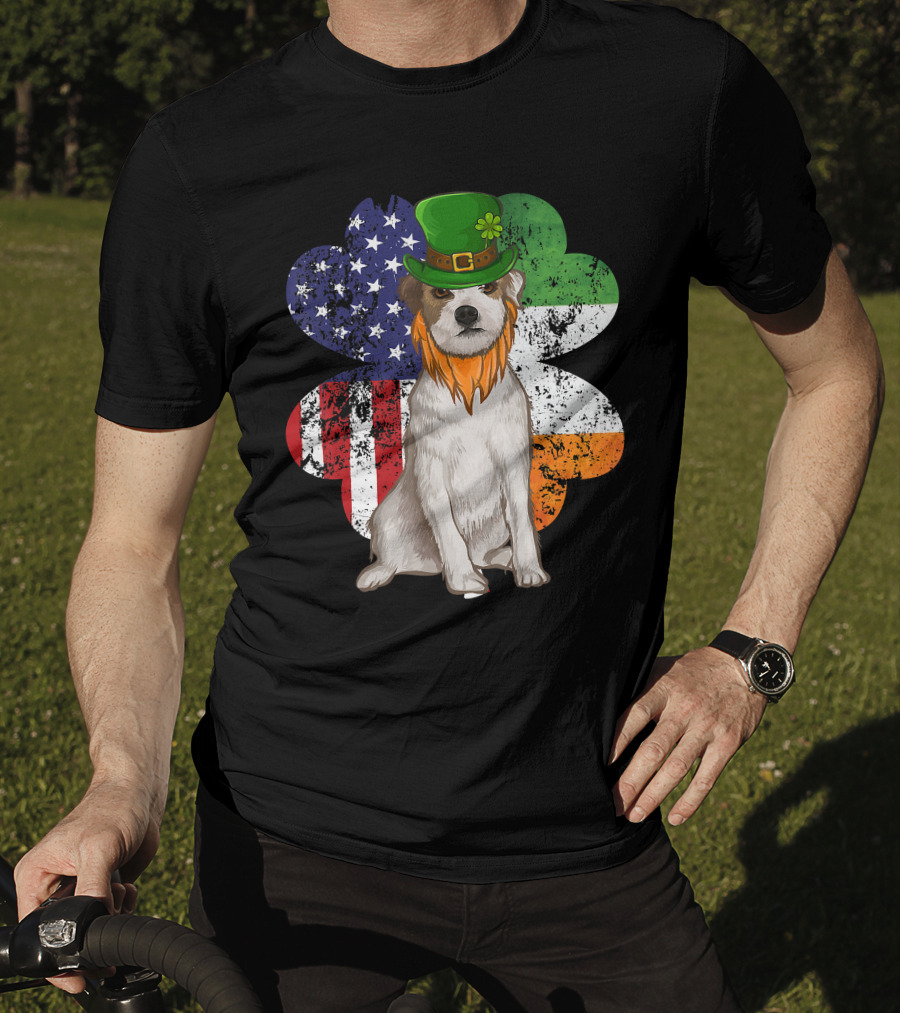 Irish American Parson Terrier Wearing Leprechaun Hat With USA And Ireland Flags Shamrock St. Patrick's Day T-Shirt