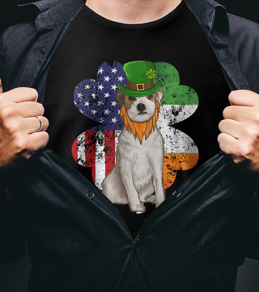 Irish American Parson Terrier Wearing Leprechaun Hat With USA And Ireland Flags Shamrock St. Patrick's Day T-Shirt