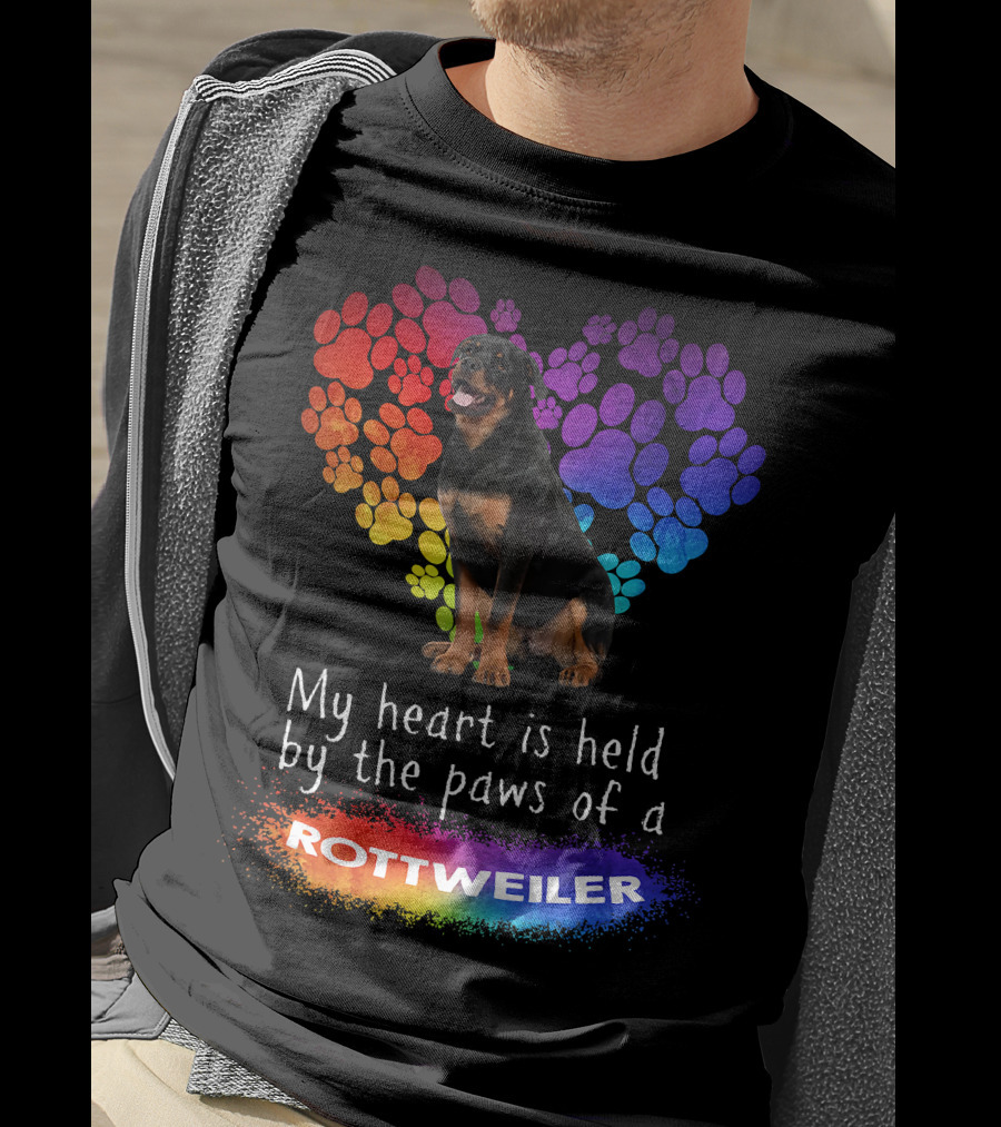 My Heart Is Held By The Paws Of A Rottweiler Rainbow Paw Print Heart T-Shirt