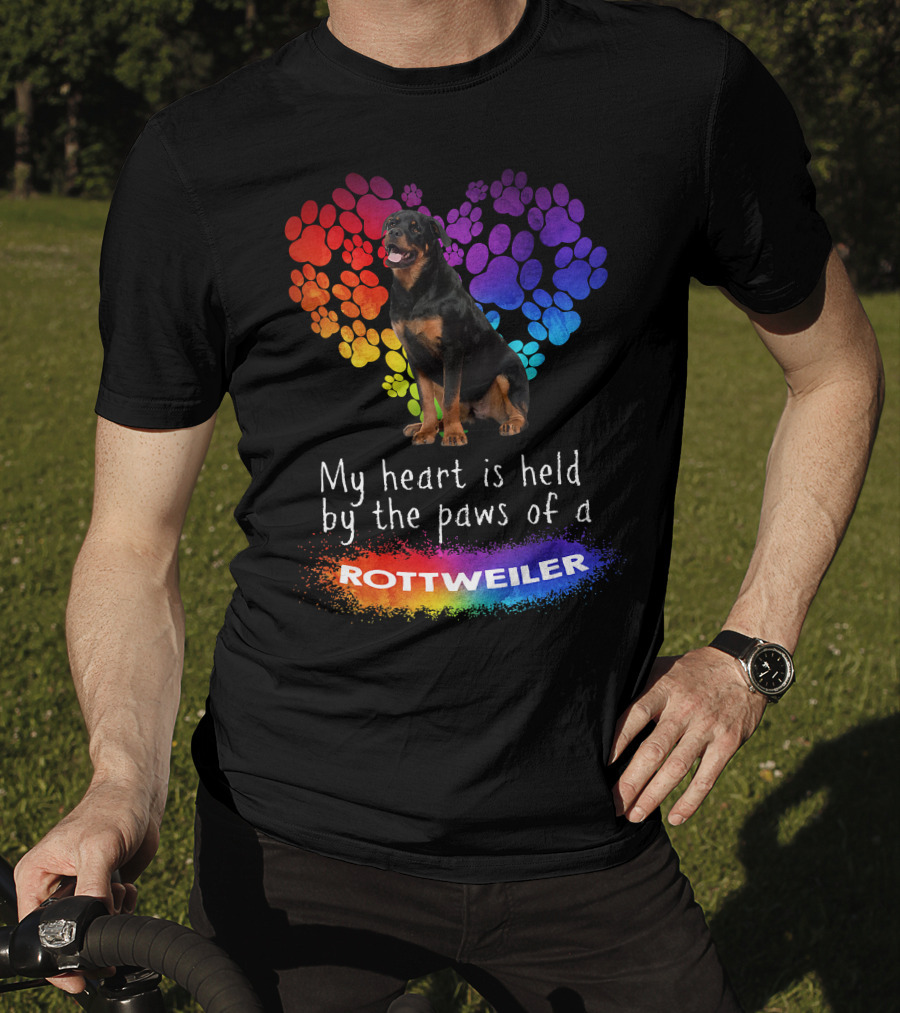 My Heart Is Held By The Paws Of A Rottweiler Rainbow Paw Print Heart T-Shirt