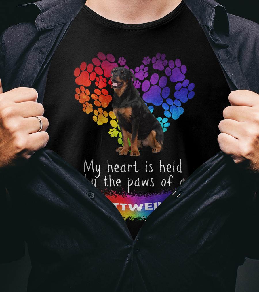 My Heart Is Held By The Paws Of A Rottweiler Rainbow Paw Print Heart T-Shirt
