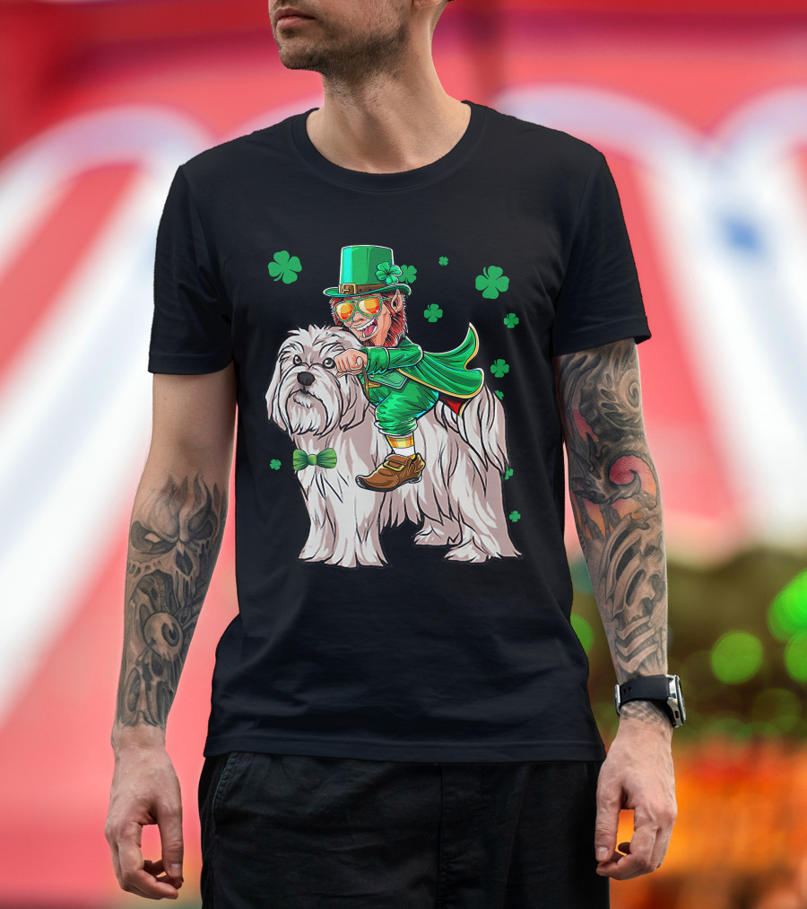 Leprechaun Riding Maltese Dog with Shamrocks T-Shirt