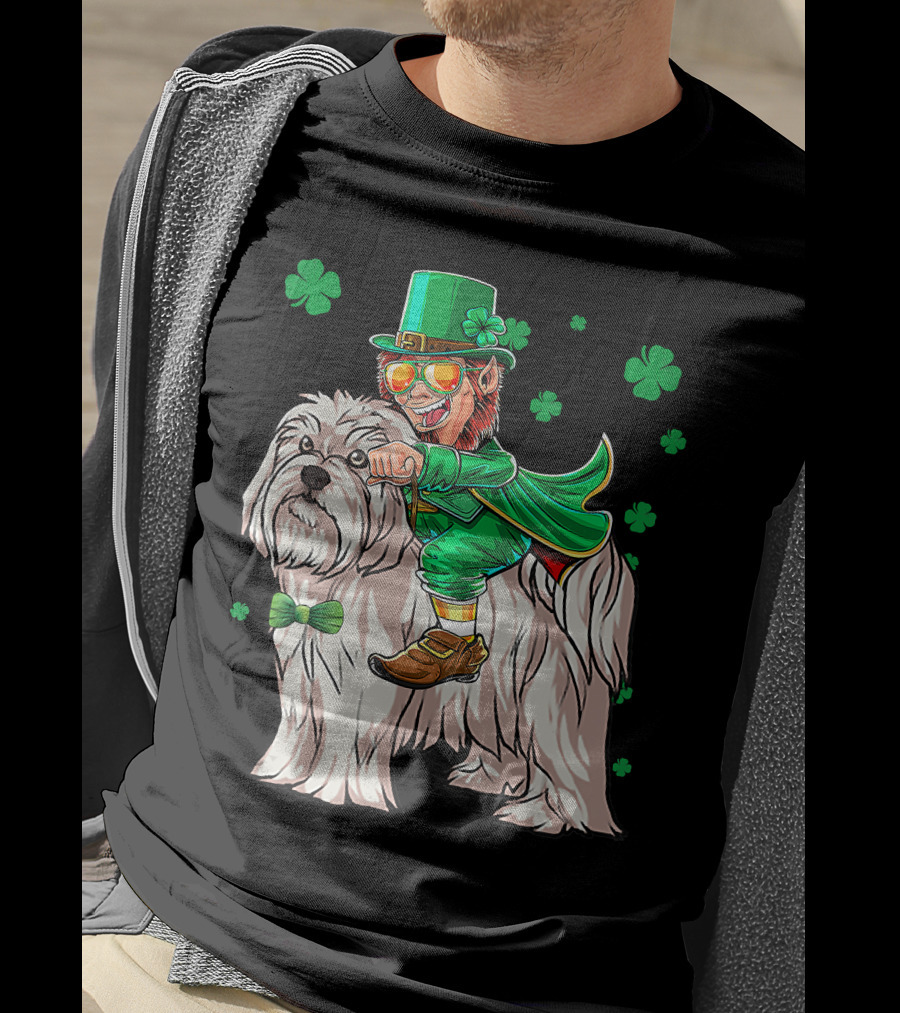 Leprechaun Riding Maltese Dog With Shamrocks T-Shirt