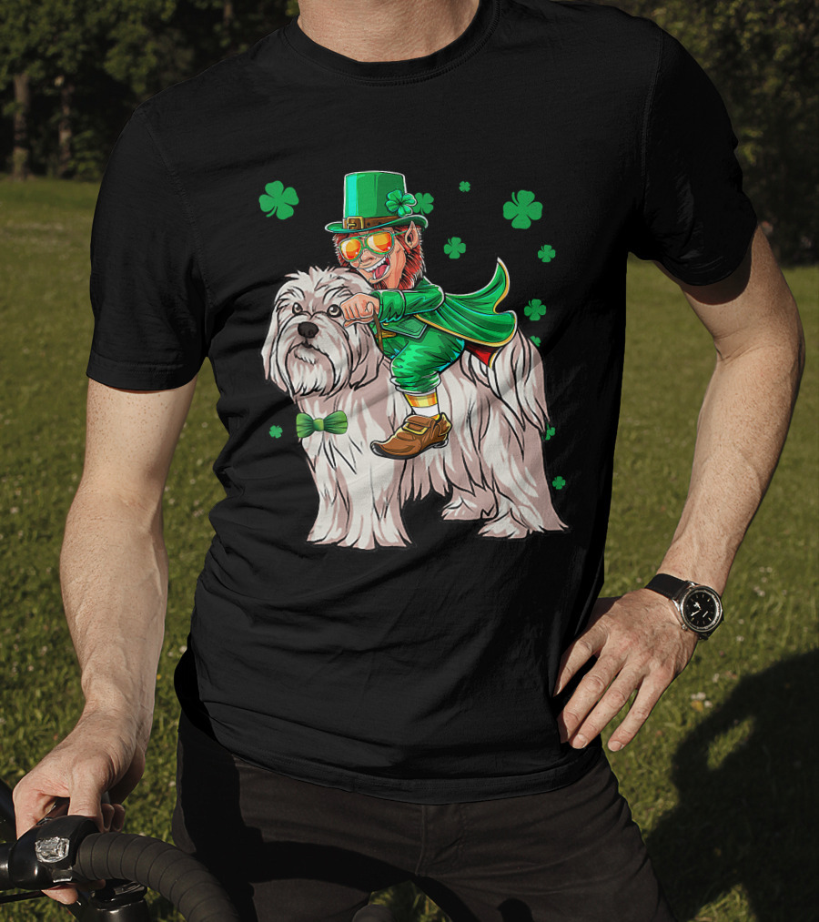 Leprechaun Riding Maltese Dog With Shamrocks T-Shirt
