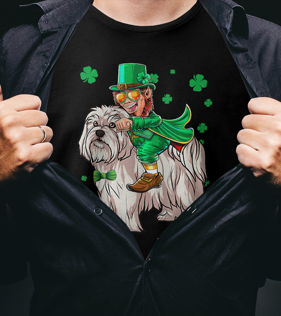 Leprechaun Riding Maltese Dog With Shamrocks T-Shirt