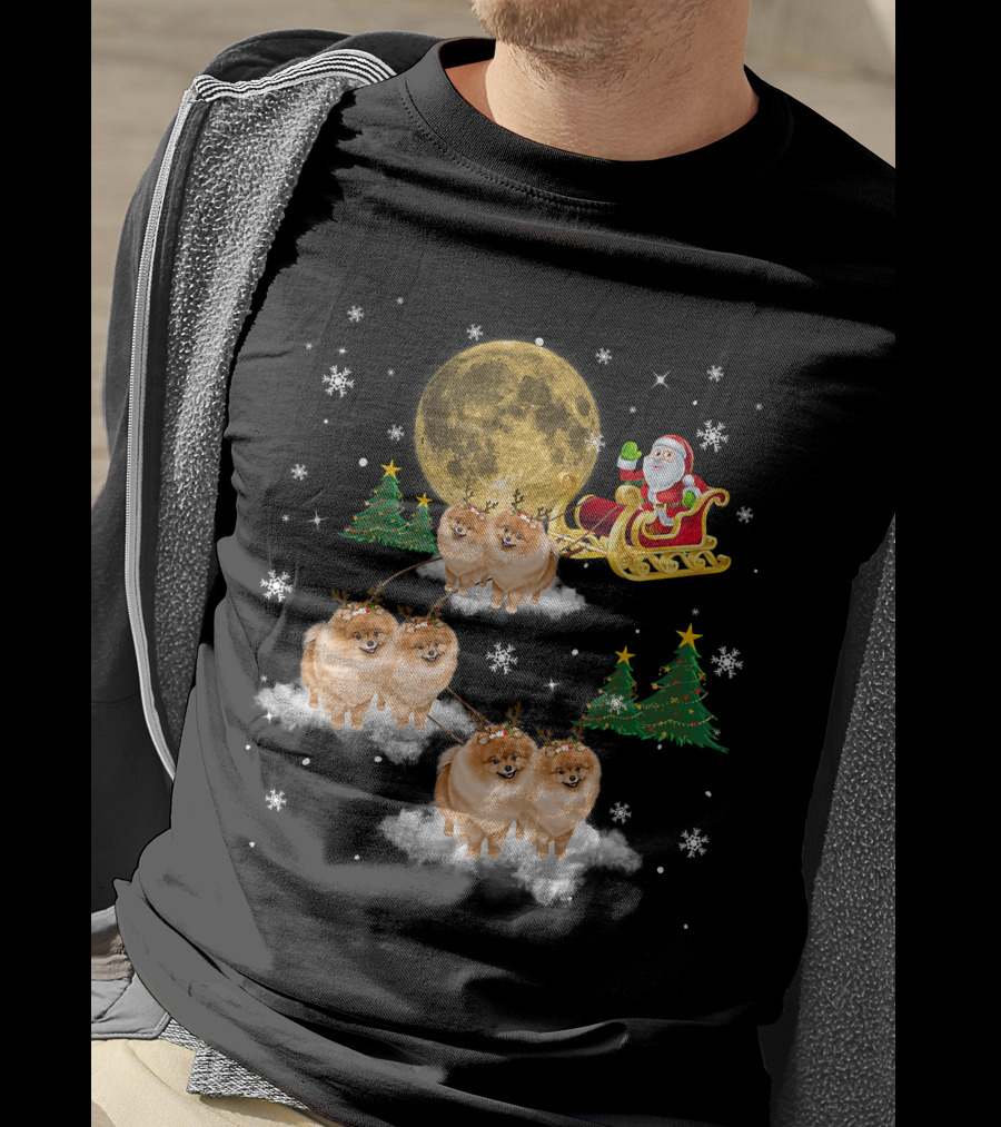 Pomeranian Christmas Santa Sled With Reindeer Funny Dog Love T-Shirt