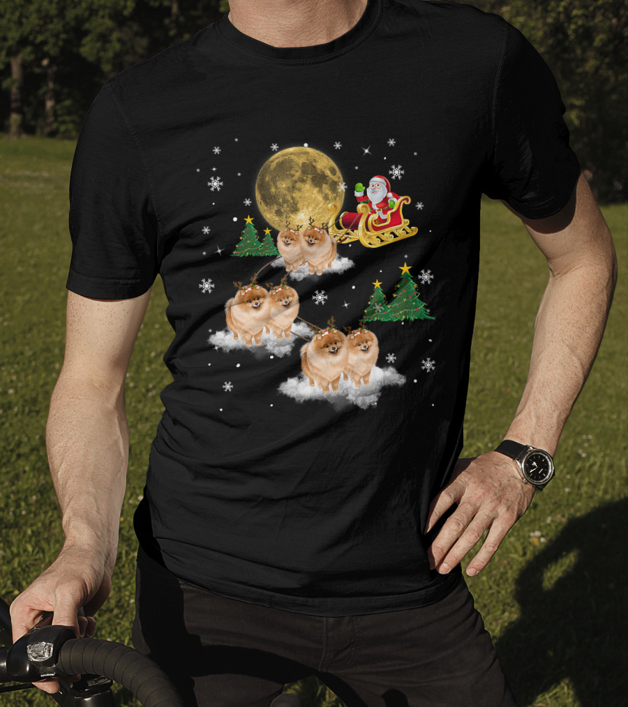 Pomeranian Christmas Santa Sled With Reindeer Funny Dog Love T-Shirt