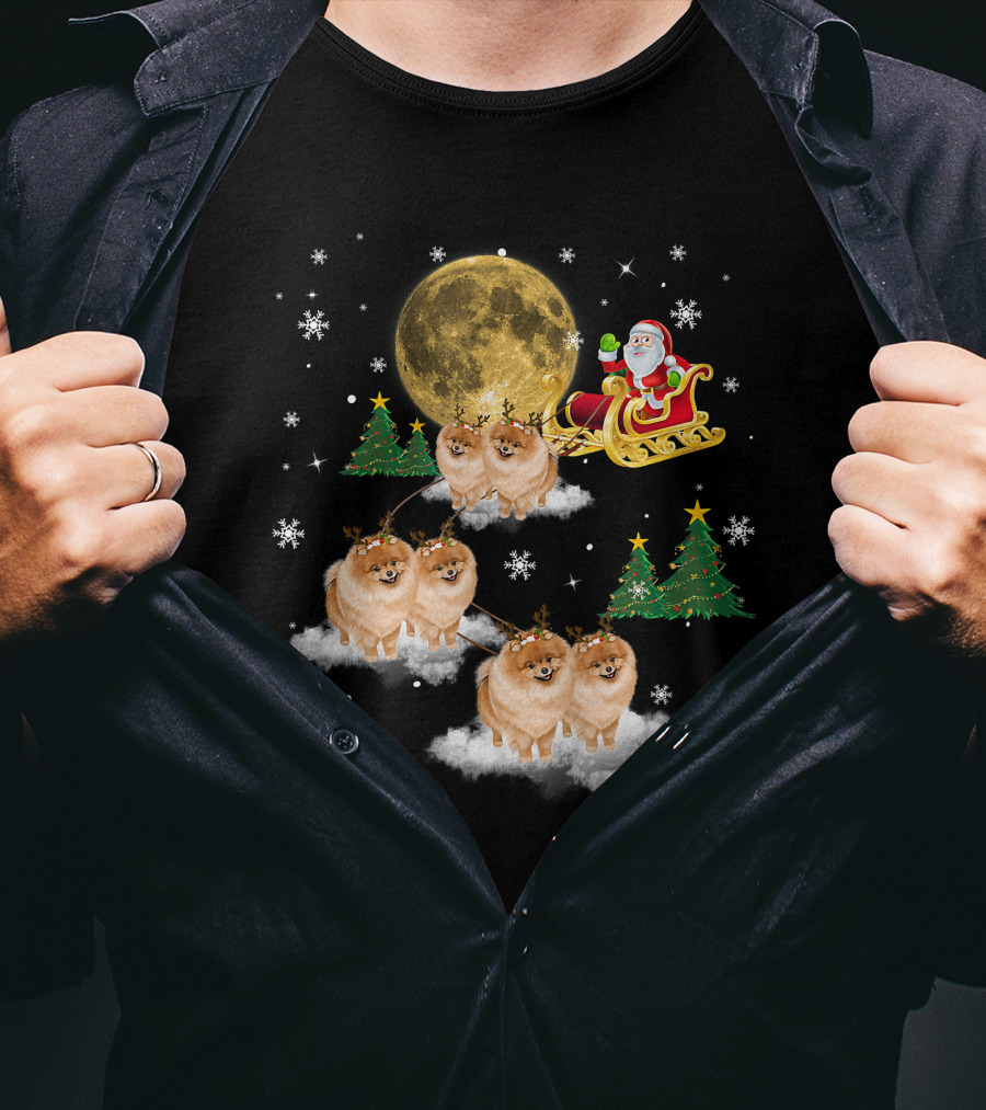 Pomeranian Christmas Santa Sled With Reindeer Funny Dog Love T-Shirt