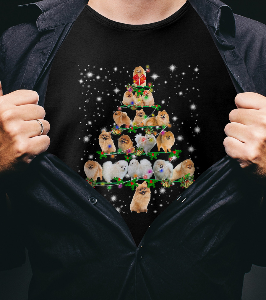 Cute Pomeranian Christmas Tree With Fairy Lights And Starry Background T-Shirt