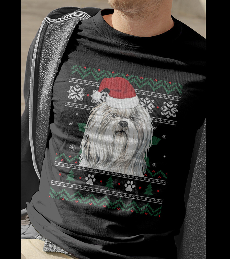 Cute Shih Tzu Dog Wears Santa Hat Christmas Pattern Snowflakes And Trees T-Shirt