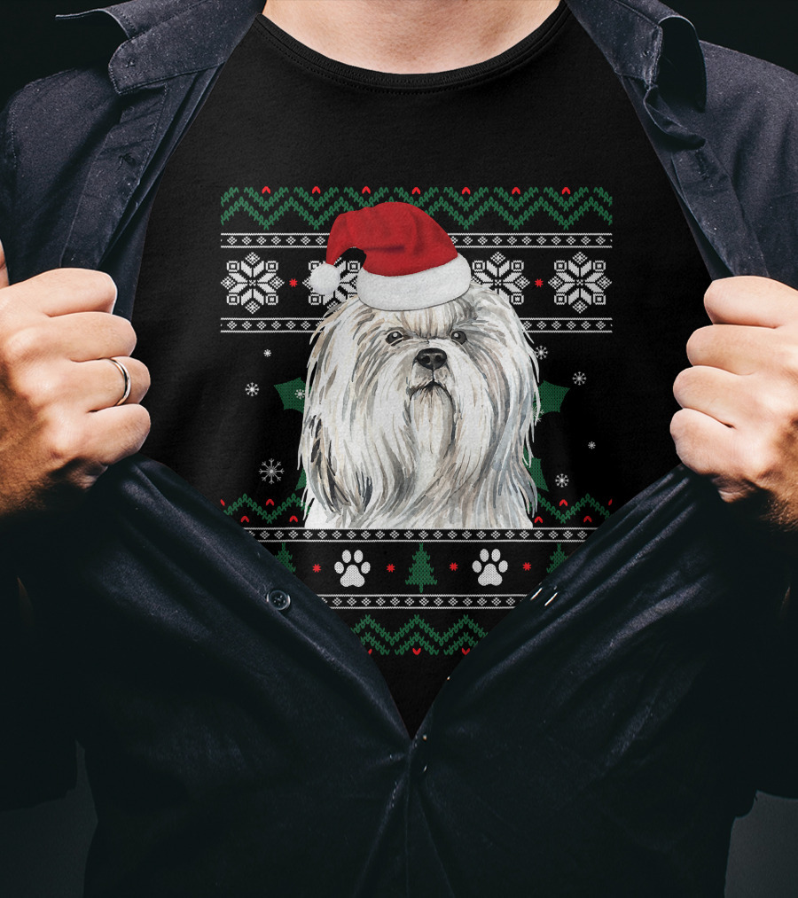 Cute Shih Tzu Dog Wears Santa Hat Christmas Pattern Snowflakes And Trees T-Shirt