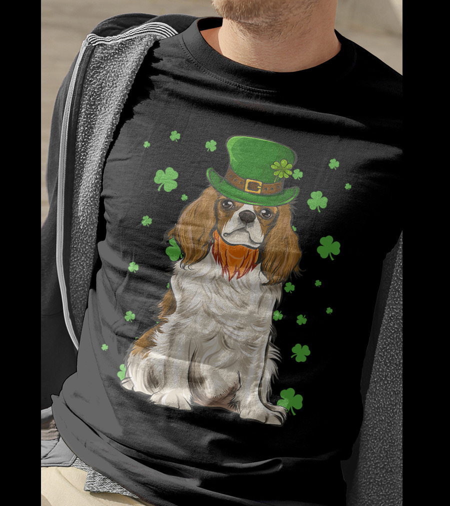 St Patricks Day Cavalier King Charles Spaniel Green Hat Clover T-Shirt