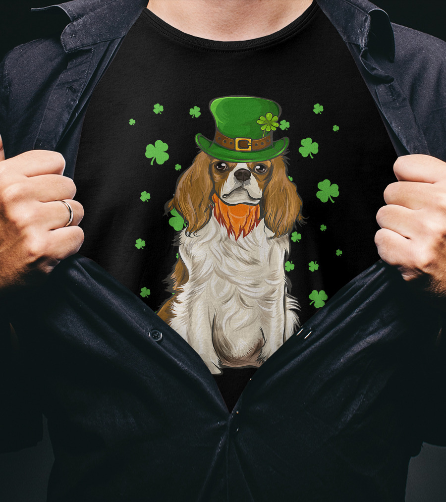 St Patricks Day Cavalier King Charles Spaniel Green Hat Clover T-Shirt