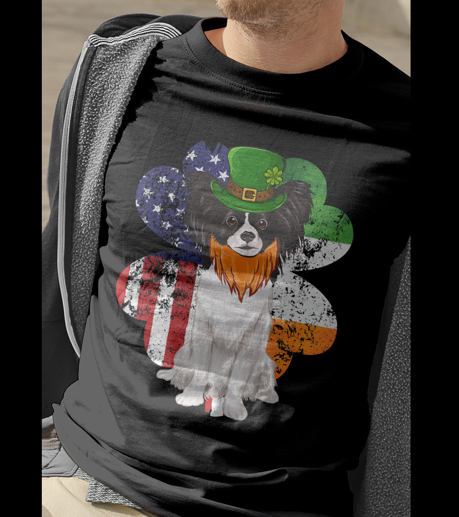 St Patricks Day Irish American Flag Papillon Dog With Leprechaun Hat And Shamrock T-Shirt