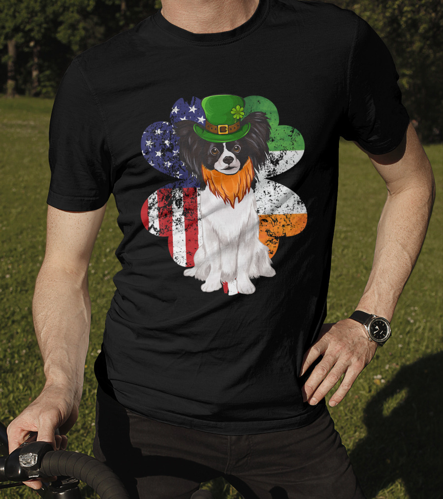 St Patricks Day Irish American Flag Papillon Dog With Leprechaun Hat And Shamrock T-Shirt