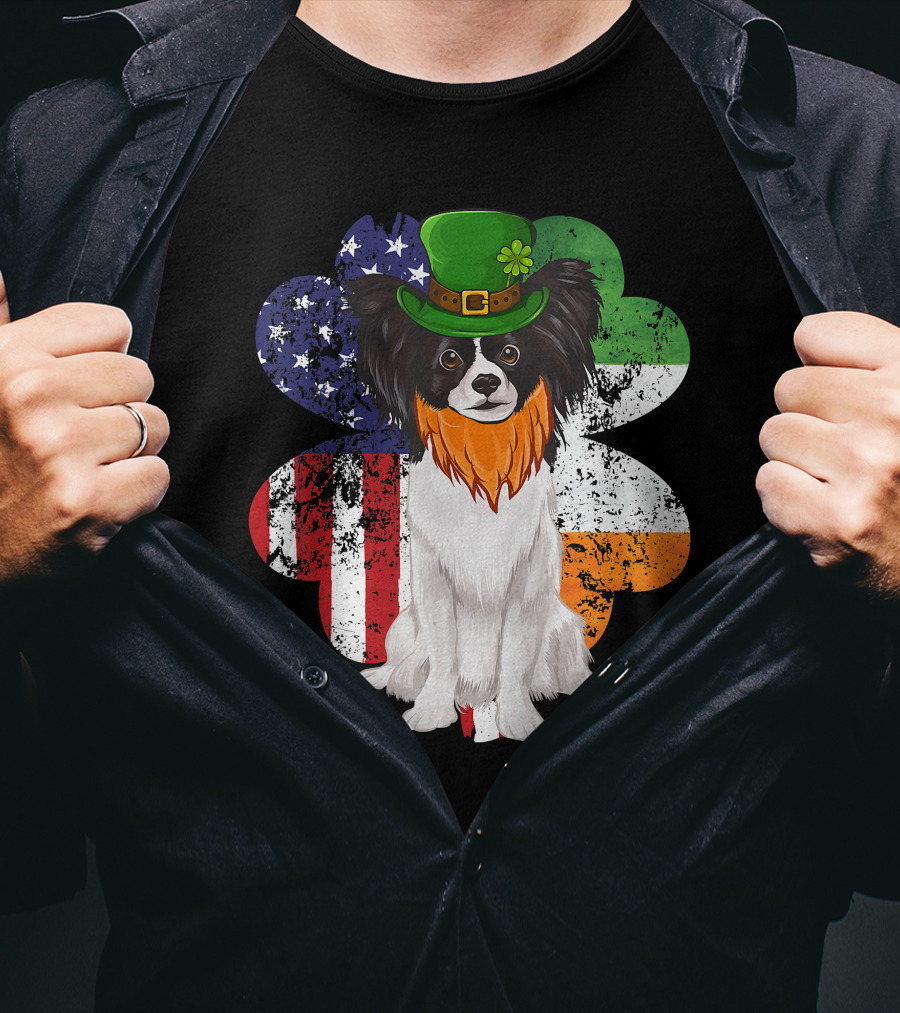 St Patricks Day Irish American Flag Papillon Dog With Leprechaun Hat And Shamrock T-Shirt