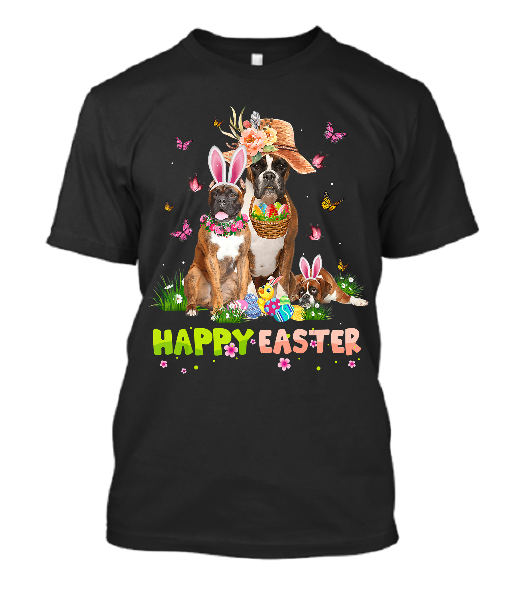 Boxer Dog Happy Easter Bunny Hat Eggs Butterflies T-Shirt