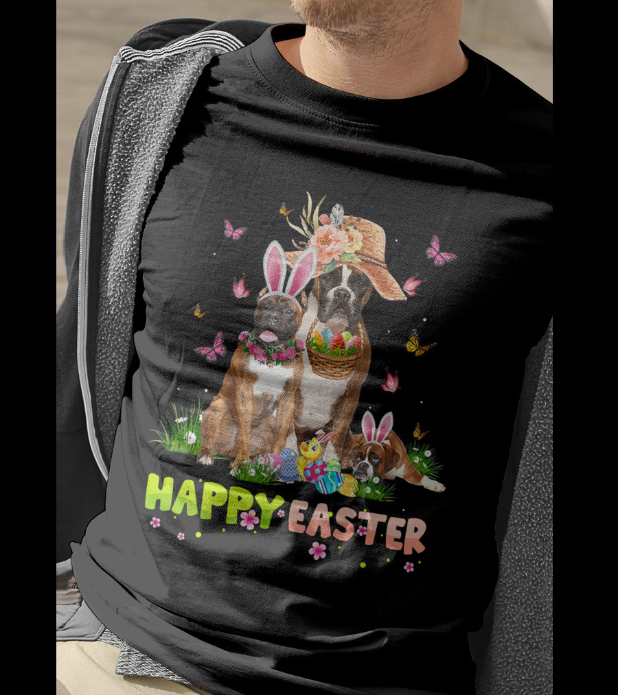 Boxer Dog Happy Easter Bunny Hat Eggs Butterflies T-Shirt