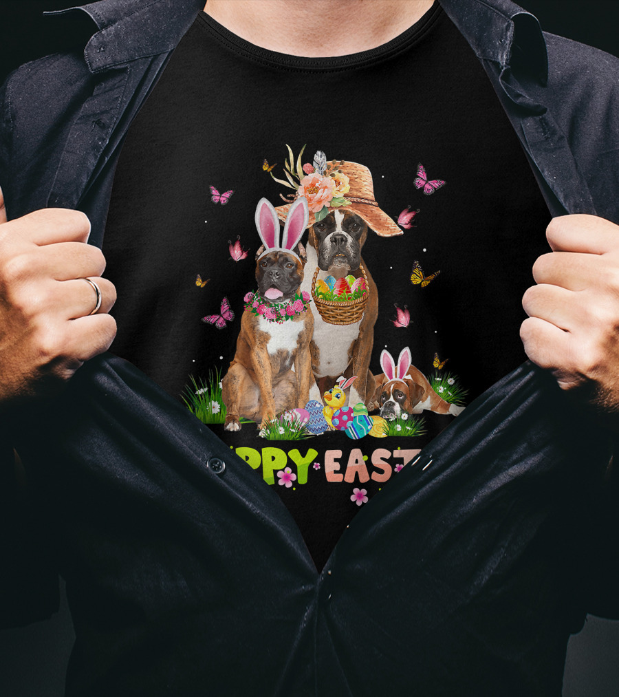 Boxer Dog Happy Easter Bunny Hat Eggs Butterflies T-Shirt