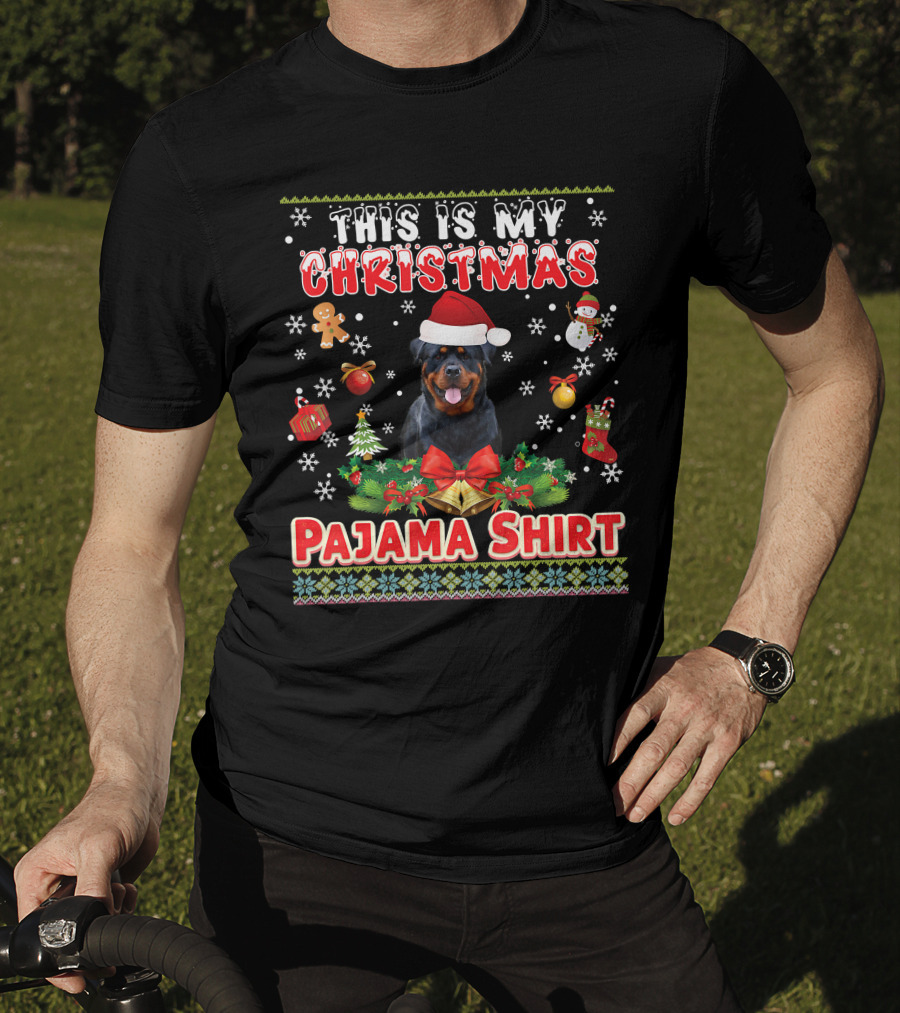 This Is My Christmas Pajama Shirt Rottweiler Santa Hat Gingerbread Snowman Pine Trees T-Shirt
