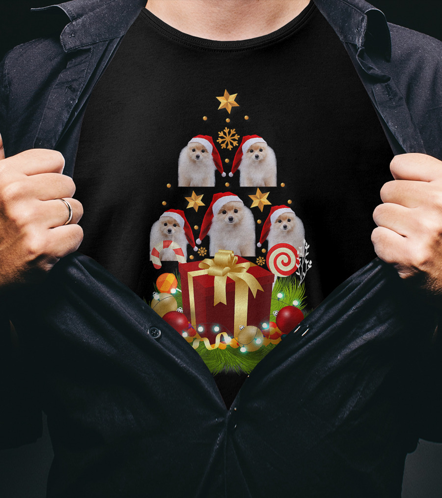 Santa Pomeranian Christmas Tree With Presents And Candy Canes T-Shirt
