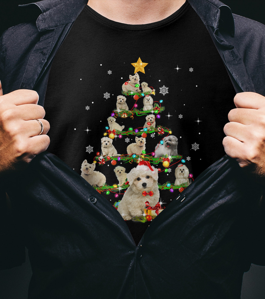 Maltese Christmas Tree With Santa Hat And Paw Up T-Shirt