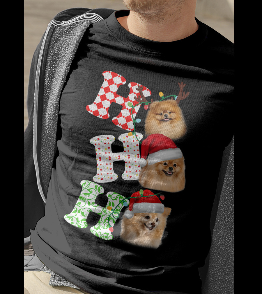 Ho Ho Ho Pomeranian Santa Hat Reindeer Antlers Christmas T-Shirt