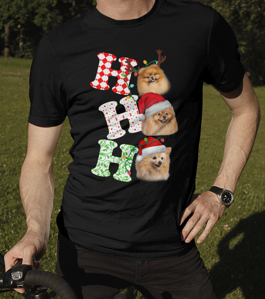 Ho Ho Ho Pomeranian Santa Hat Reindeer Antlers Christmas T-Shirt