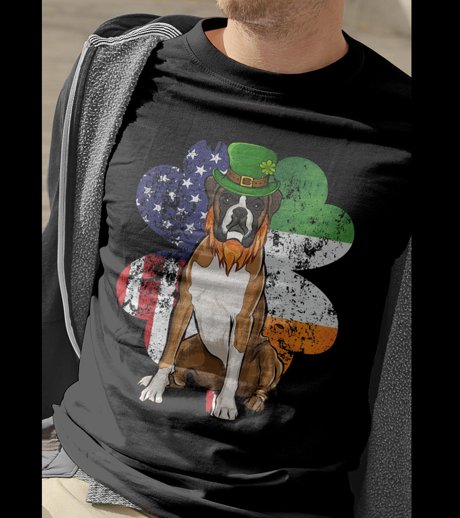 St Patricks Day Boxer Dog With Irish American Flag Shamrock T-Shirt